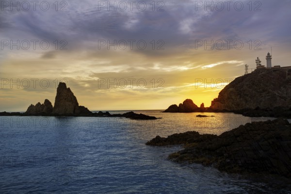 Almeria Cabo de Gata lighthouse sunset in Mediterranean sea of Spain