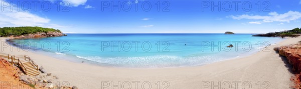 Cala Nova beach in Ibiza island panoramic with turquoise water in Balearic Mediterranean