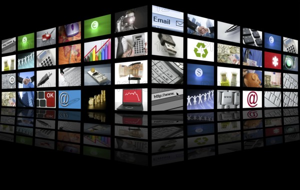 Big Panel of TV screen showing business tech and internet communication