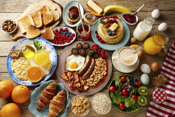 Breakfast buffet full continental and english coffee orange juice salad croissant fruit