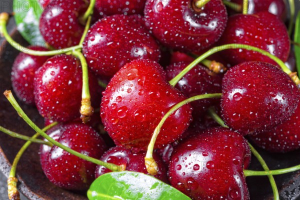 Freshly picked cherry in a wooden bowl