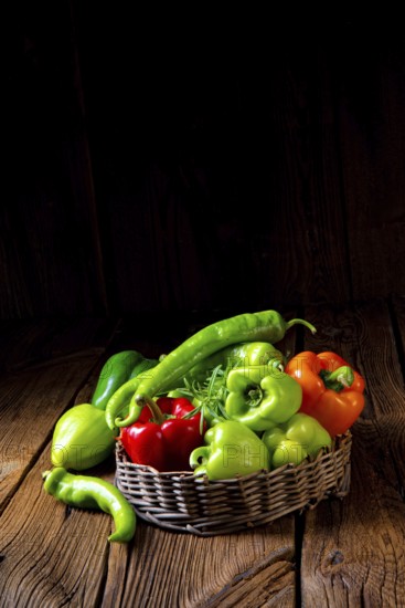 Various harvested peppers and hot peppers in basket