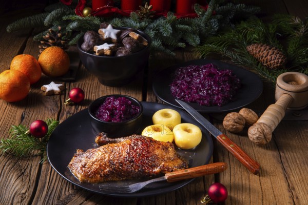 Classic and crispy roast duck with cabbage and dumplings