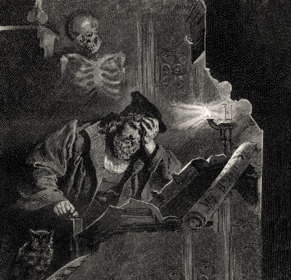 Faust, restless, seated at his desk, first part of the tragic play Faust by Johann Wolfgang von Goethe