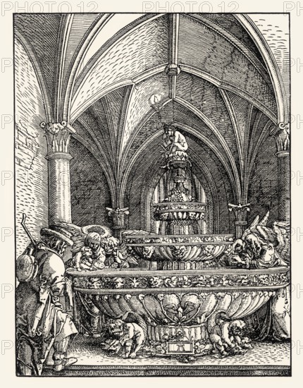 The Holy Family at the fountain, escape to Egypt, Albrecht Altdorfer, 16th century, digitally restored