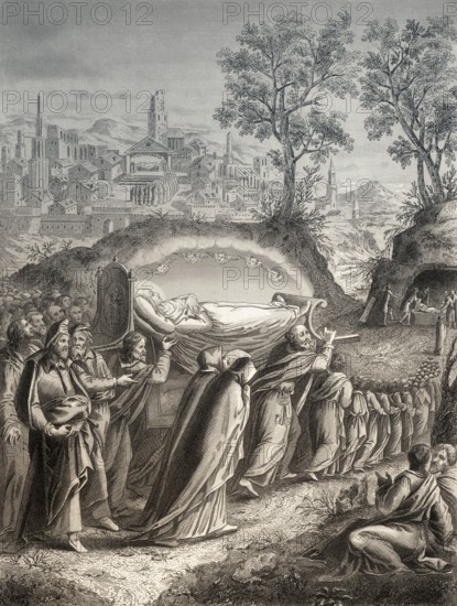 Burial of the Virgin Mary, Steel engraving 1853, digitally restored