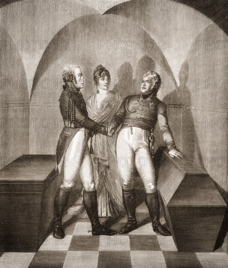Emperor Alexander I of Russia at the tomb of Frederick II. at the Garrison Church in Potsdam, with Frederick William III of Prussia in the presence of Queen Louise, 1805, Louise of Mecklenburg-Strelitz, 1776 - 1810, queen consort of Prussia