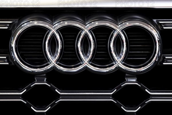 Sofia, Bulgaria - 3 June, 2022: Close-up of Audi logo is seen on a car at Sofia Motor Show