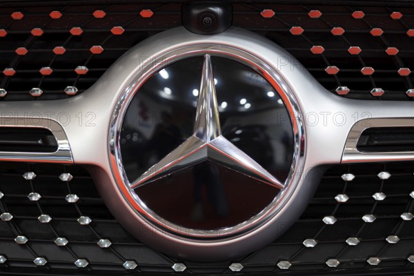 Sofia, Bulgaria - 3 June, 2022: Close-up of Mercedes-Benz logo is seen on a car at Sofia Motor Show
