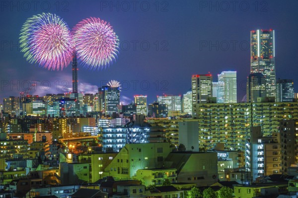 Yokohama skyline and fireworks (Minato Mirai smart Festival). Shooting Location: Yokohama-city kanagawa prefecture