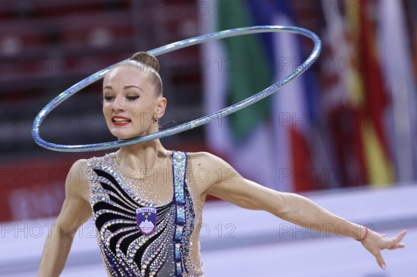 Sofia, Bulgaria - 27 March, 2021: Ekaterina Vedeneeva of Slovenia performs during the individual Hoop final at the 2021 Rhythmic Gymnastics Sofia World Cup, Sofia, Bulgaria, Europe