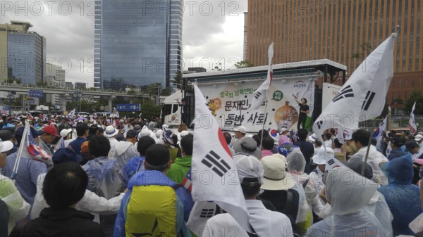 Seoul, South Korea. September 7, 2019: Large crowd of people at Seoul station plaza for protest demonstration against South Korean president Moon Jae-In