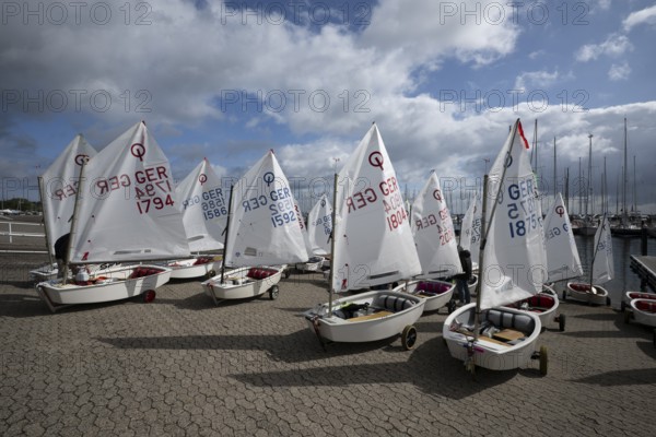 Andreas Dick, Olympic Centre - Schilksee, Kiel, Schleswig Holstein, Before the regatta, all participants and their boats, racing equipment in the harbour in front of jumping into the water, Golden Opti 2025 on 24.05.2025 at the Olympic Centre, Schilksee in Kiel Germany