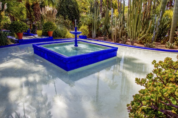 Fountain and pool at Majorelle garden, weel-known cactus garden ! Yves Saint Laurent restored this garden in the 80s