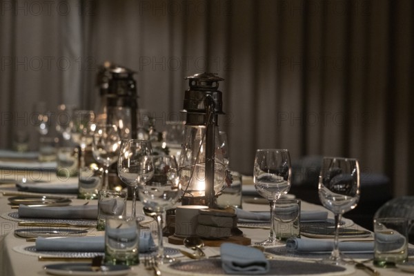 Set table with paraffin lamp, Qwabi Private Game Reserve, Biosphere Reserve, Limpopo, South Africa, Africa