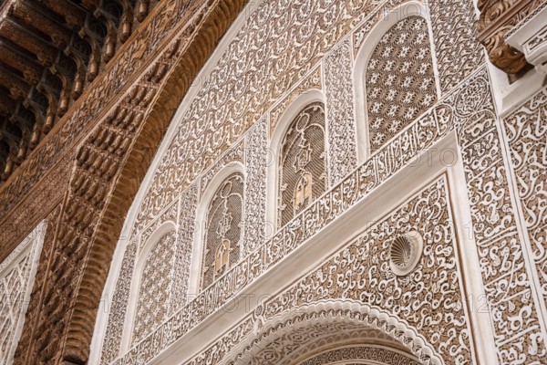 MARRAKECH, MOROCCO, APRIL 18, 2023, Famous Madrassa Ben Youssef in the medina of Marrakech