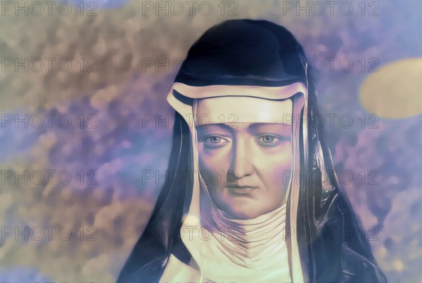 Figure of Hildegard of Bingen, Sibyl of the Rhine, 1098 – 1179, German Benedictine abbess and polymath, digitally edited
