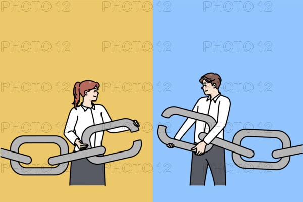 Businesspeople hold chain with missing link find solution together. Man and woman employee solve business problem together. Teamwork and cooperation concept. illustration