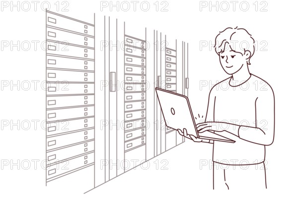 Male engineer with laptop standing near server room with computers. Man IT specialist working in data center near server racks. Vector illustration