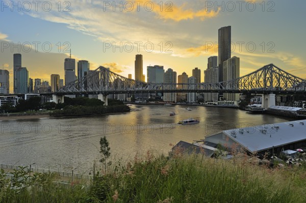 The skyline of Brisbane and the Story Bridge at sunset. Reupload after color correction