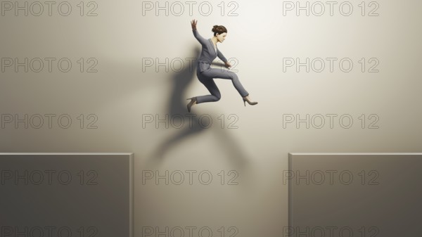 A business woman jumps over a gap. Concept symbol 3D illustration
