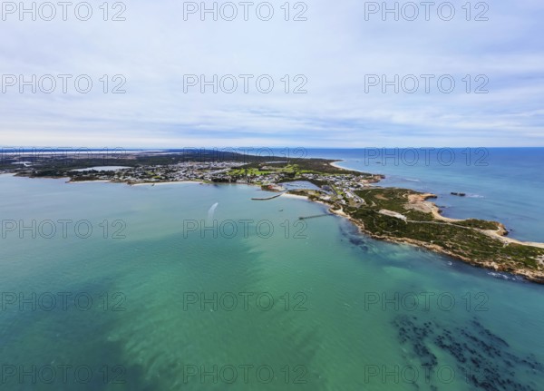 An aerial view over the rural township of Robe on the Limestone Coast on a sunny autumn day in South Australia, Australia, Oceania
