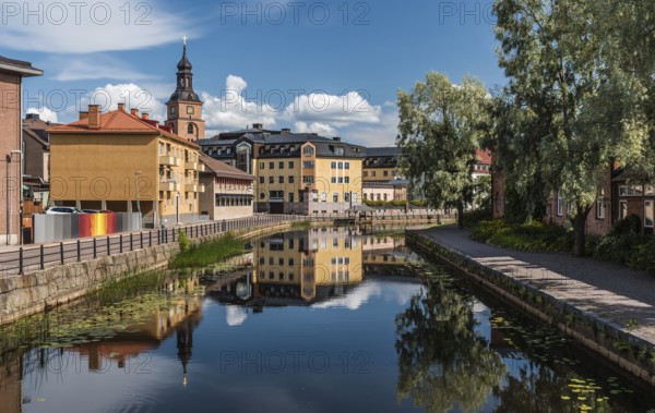 Falun, Dalarna, Sweden, 08 05 2019 Panoramic view of the city reflecting in the Nybron river, Europe