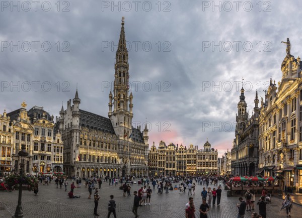 Brussels Old Town, Belgium, 07 18 2019, Panoramic view over the Brussels Grande Place at dusk during summer, Europe