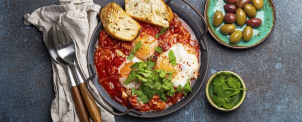 Middle Eastern and Maghrebi healthy dish Shakshouka made of eggs and tomato sauce served in pan with toasts, fresh cilantro and olives on rustic concrete background table from above, food photography