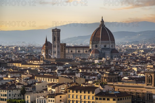 Skyline of downtown Florence during sunset, seen from the famous Piazzale Michelangelo, Italy, Europe