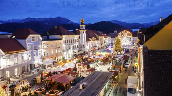 Christmas market on the main square of Leoben, blue hour, Styria, Austria, Europe