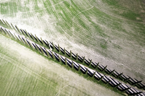 Aerial photographic documentation of a cypress road in the province of Siena Tuscany Italy