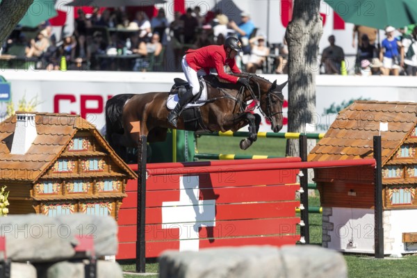Calgary, Canada, Sept., 7, 2024. Andre Thieme of Germany, riding Paule S competes in the BMO Nations Cup during the CSIO Spruce Meadows, Masters, presented by Rolex, North America