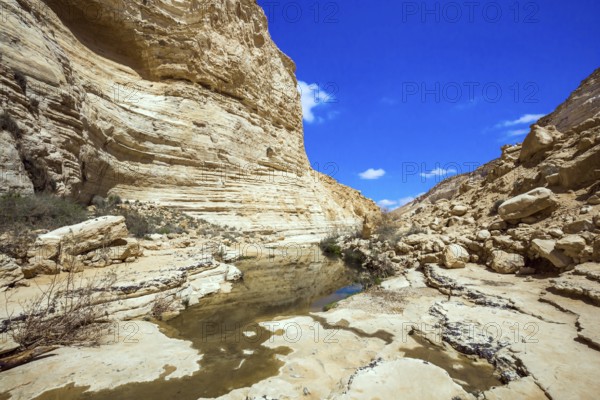 Start route. The walls of the gorge are corroded by caves. Israel. The ravine is formed by the waters of the Qing River. The gorge Ein Avdat is the most beautiful in the Negev desert