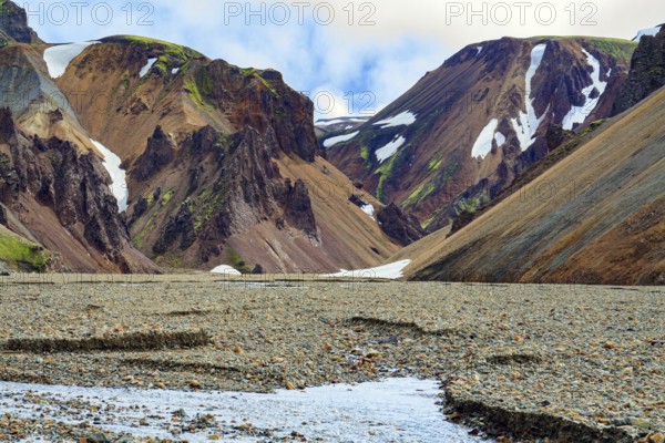 Rhyolite mountains, remains of last year's snow and solidified lava flows. Amazing Iceland - dream for tourists and photographers. Landmannalaugar