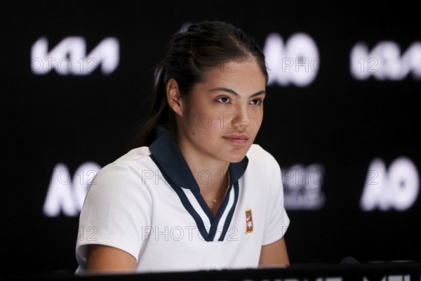 MELBOURNE, AUSTRALIA - JANUARY 10: Emma Radacanu of Great Britain during a press conference ahead of the 2025 Australian Open at Melbourne Park on January 10, 2025 in Melbourne, Australia, Oceania
