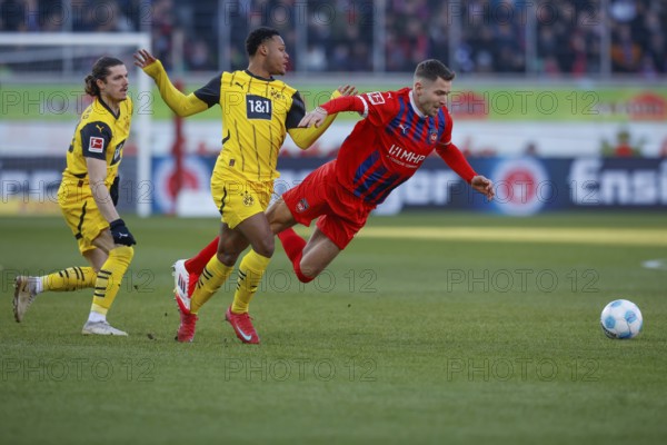 Germany: Soccer 1st Bundesliga, Matchday 20 - 1. FC Heidenheim vs. Borussia Dortmund - Voith-Arena Heidenheim: Marvin PIERINGER 1. FC Heidenheim right on the ball is fouled by Julien DURANVILLE Borussia Dortmund, Marvin PIERINGER 1. FC Heidenheim is literally in the air, left outside Marcel SABITZER Borussia Dortmund watches the action