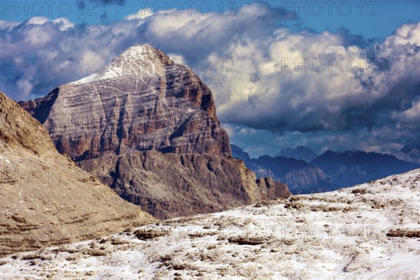 Dolomites in the snow. South Tyrol, Italy. The Pordoi Pass is part of the Dolomiti Superski ski resort. The scenic landscape