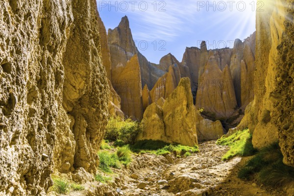 Ridges separated by narrow ravines. The Clay Cliffs are natural formations of land. Omarama, New Zealand, South Island. The concept of exotic, extreme, natural and photo tourism, Oceania
