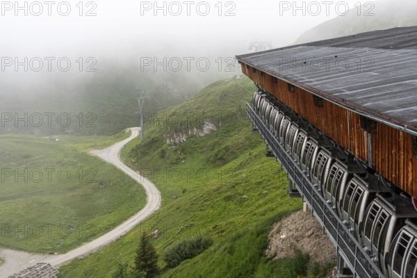 A cable car station with stored gondolas at the Hintertux glacier, Austria, Europe