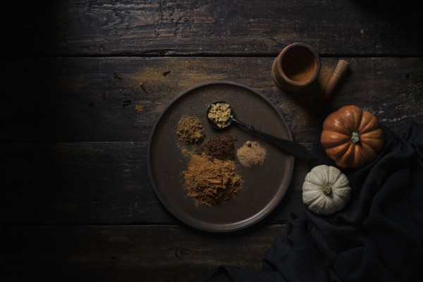 Top view of various ground handfuls of pumpkin spices on dishware and spoon at wooden plank table