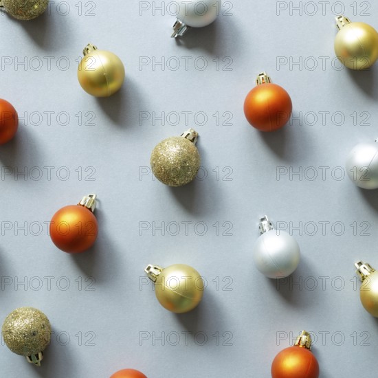 Christmas ornament. Colorful baubles on gray background. flat lay, top view