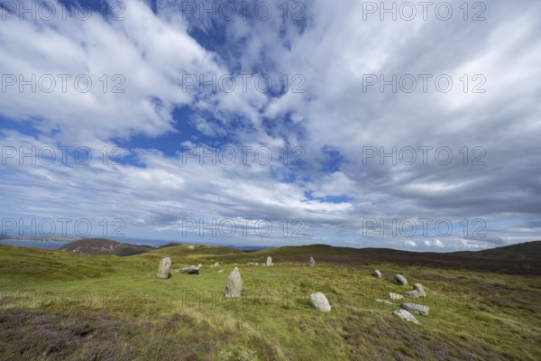 Druids Circle, stone circle in wide landscape with pastures in the mountains, Penmaenmawr, Dwygyfylchi, Caernarfonshire, Conwy County Borough, Wales, Great Britain