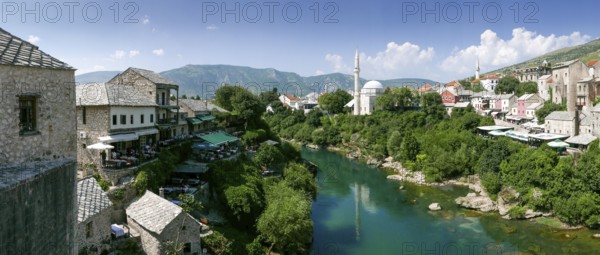 The city of Mostar on the banks of the Neretva River with the Koski Mehmed Pasha Mosque