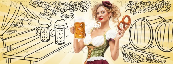 Beautiful sexy Oktoberfest waitress wearing a traditional Bavarian dirndl dress holding a pretzel and beer mug, and smiling happily on sketchy beer keg background. Facebook size format