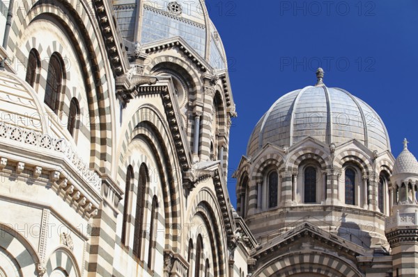 Detail of Marseille Cathedral. It is a Roman Catholic cathedral, and a national monument of France, located in Marseille. It has been a basilica minor since 1896