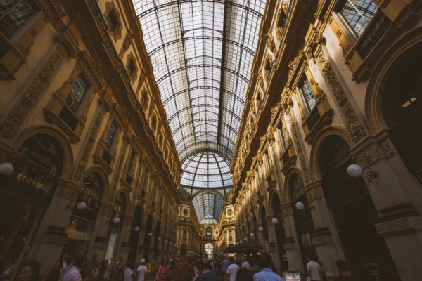Milan, Italy July 15, 2017: Glass dome of Galleria Vittorio Emanuele in Milan, Italy, Milano, Italien, Europe