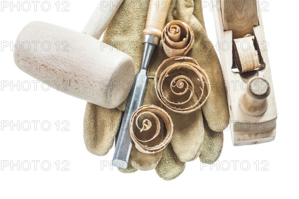 Safety gloves chisel shavings wooden hammer planer isolated on white