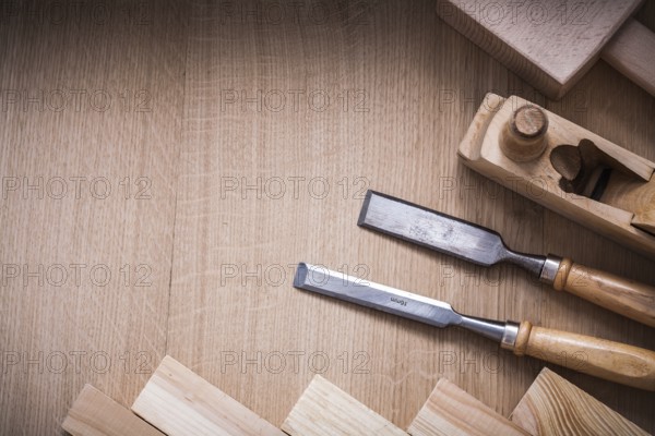 Variation of woodworker??™s working tools on wood board construction concept