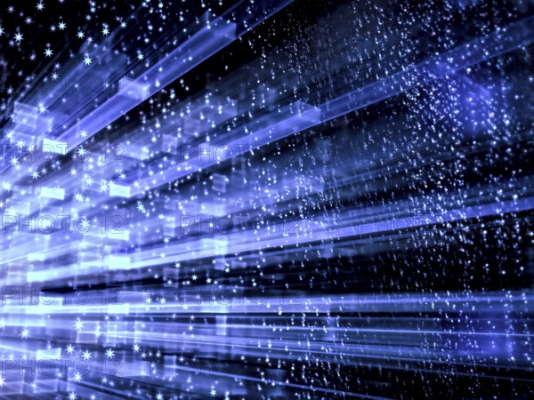 Abstract blurred background - computer-generated image. Fractal art: rectangle grid with perspective, stars and lighting dots like falling snow. Technology concept or hollyday backdrop